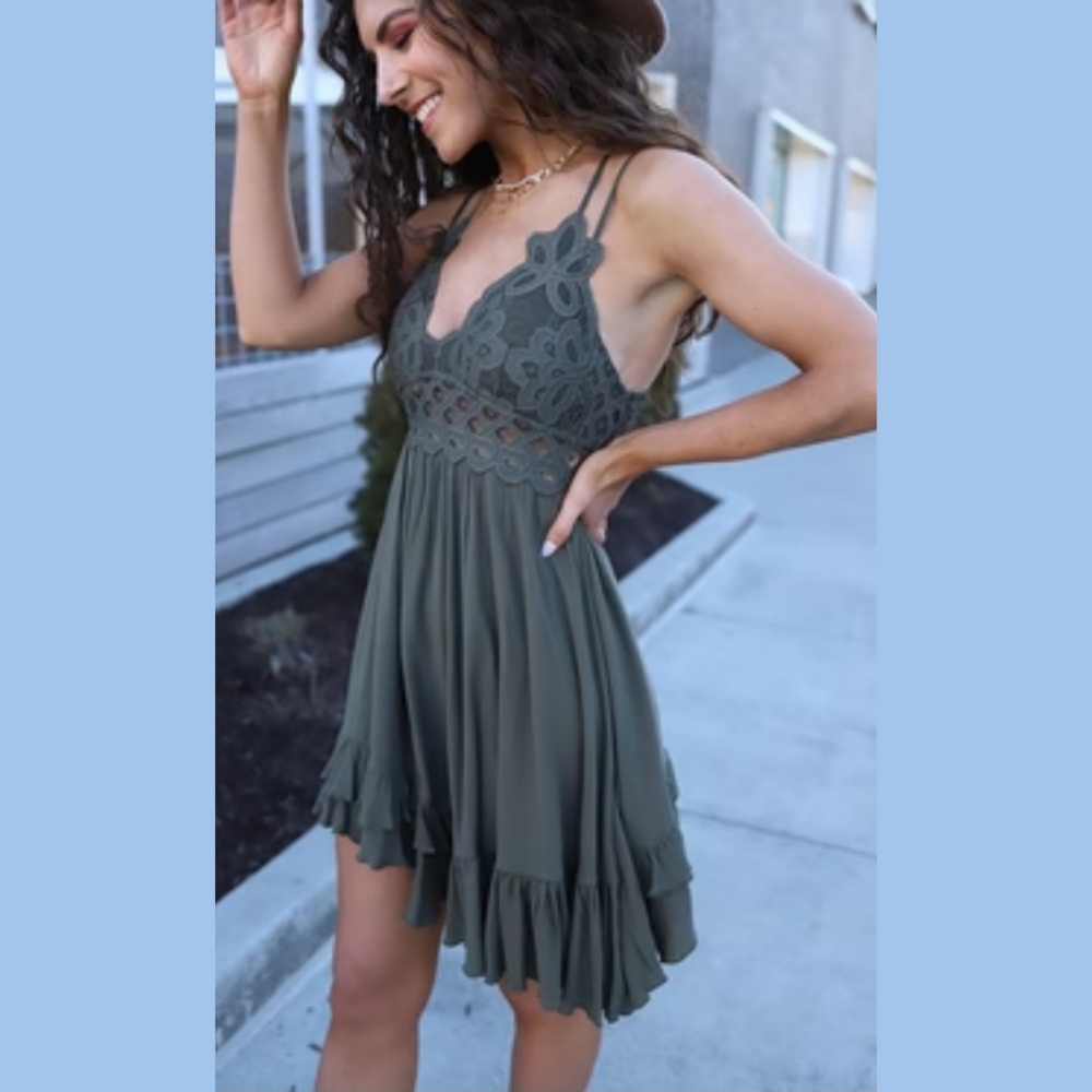 SCALLOPED LACE BRALETTE DRESS - OLIVE - Size XS